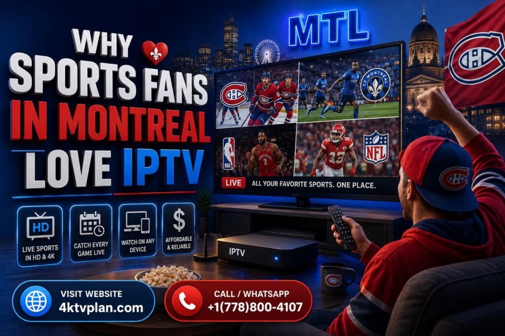 Montreal sports fans watching live sports on IPTV with HD streaming and multiple devices.